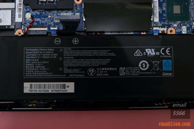 XPG XENIA女武神薩尼亞 電競筆電 1660Ti 開箱-充電式鋰電池 11.4V, 8000mAh 神基科技