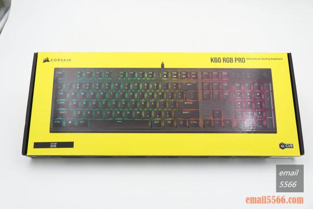 海盜船 CORSAIR K60 RGB PRO機械電競鍵盤 開箱-窄身 RGB CHERRY VIOLA軸-外盒包裝 黃底風格