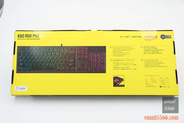 海盜船 CORSAIR K60 RGB PRO機械電競鍵盤 開箱-窄身 RGB CHERRY VIOLA軸-外盒包裝 背面標示