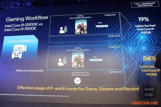 Intel Taiwan Open House 菁英玩家召集令-2021 12代Core 重返榮耀-Intel第12代Core 桌上型電腦處理器-一邊玩遊戲一邊直播的狀況下，i9-12900K 處理器可以提升多達 84%
