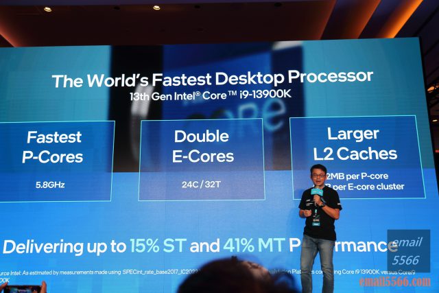 Intel Taiwan Open House 號令玩家作夥來-2022 13代Core x ARC 顯示卡-24 核心／32 執行緒的配置（ 8P+16E），時脈達到 5.8 GHz 的最大超頻時脈。 單執行緒效能提升 15%，多核心效能提升 41%