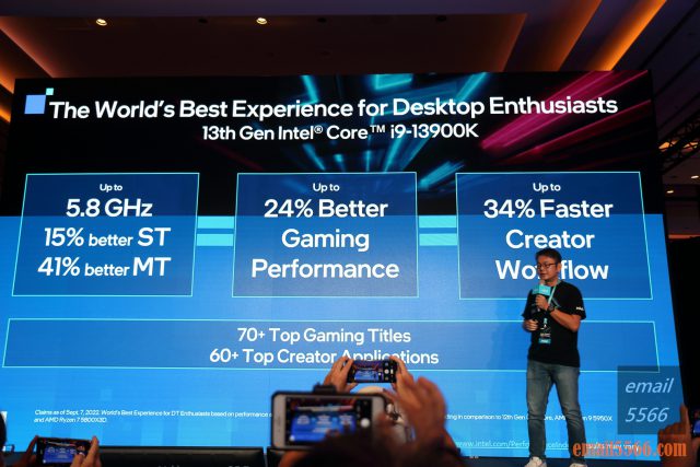 Intel Taiwan Open House 號令玩家作夥來-2022 13代Core x ARC 顯示卡-媒體內容創作上-i9-13900K與i9-Intel 第13代i9-13900K處理器的特色：支援最高5.8GHz時脈、單執行緒效能提升15%、多執行緒效能提升41%，遊戲效能最高提升24%，內容創作工作流程提升34%
