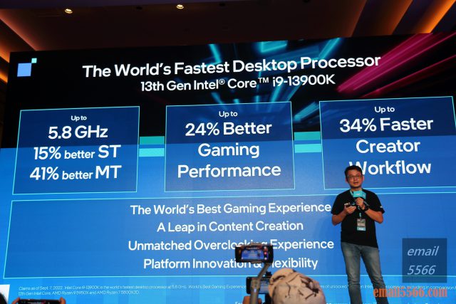 Intel Taiwan Open House 號令玩家作夥來-2022 13代Core x ARC 顯示卡-媒體內容創作上-i9-13900K與i9-Intel 第13代i9-13900K處理器的特色：支援最高5.8GHz時脈、單執行緒效能提升15%、多執行緒效能提升41%，遊戲效能最高提升24%，內容創作工作流程提升34%
